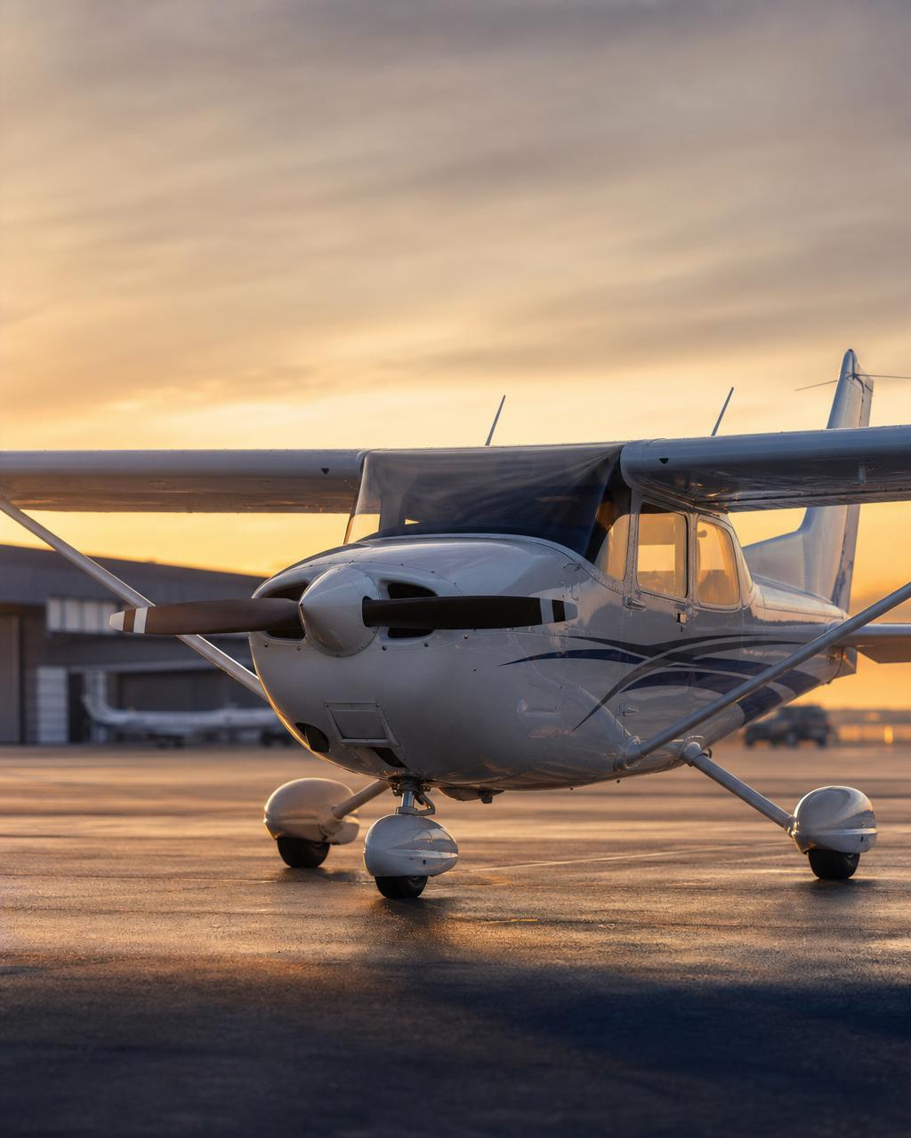 Flight school training aircraft on the ramp at golden hour — Flight School Growth System hero image